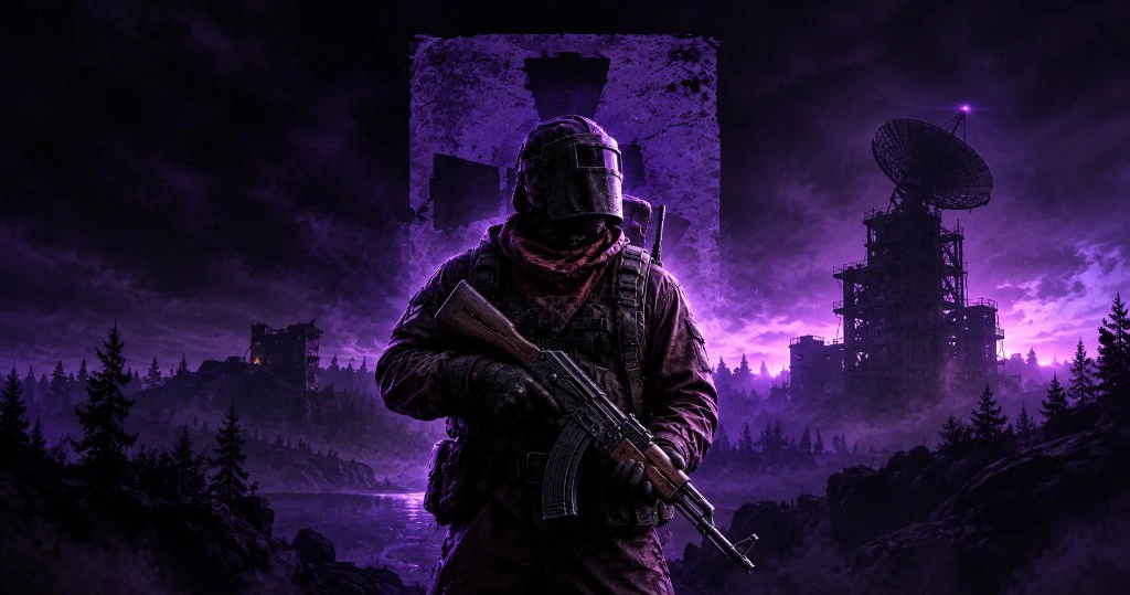 Rust cheats main banner — survivor with AK-47 against a purple wasteland skyline