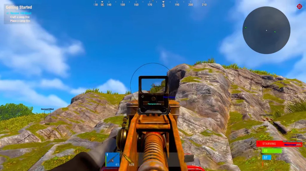 Rust gameplay screenshot with aimbot FOV circle and blue player distance labels through a holographic sight