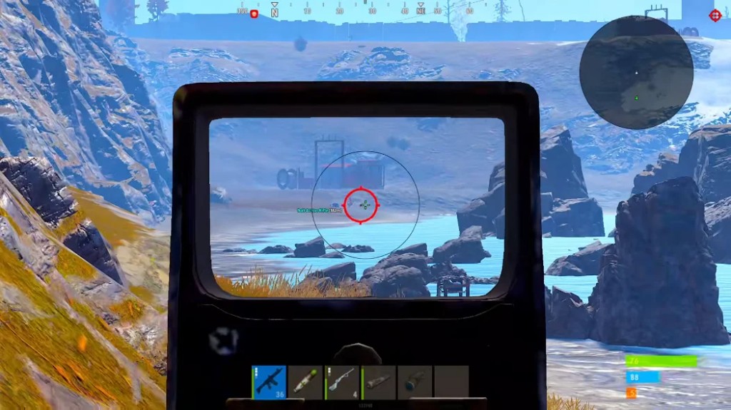 Rust scoped gameplay screenshot with red aim reticle and green held-weapon distance label reading Bolt Action Rifle 182m