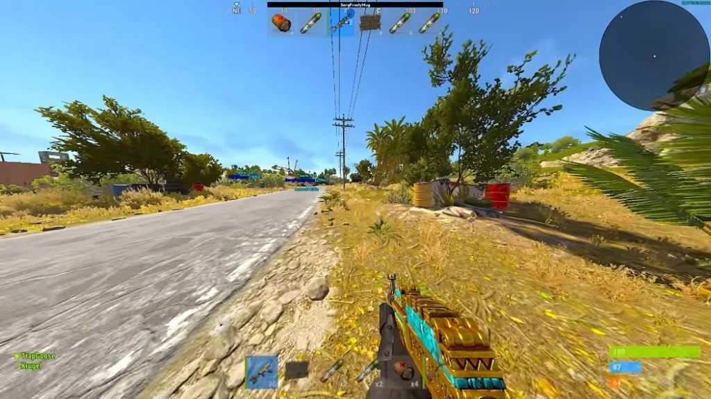 Rust Cheats Support Rust gameplay screenshot with blue and green player distance ESP labels along a desert road
