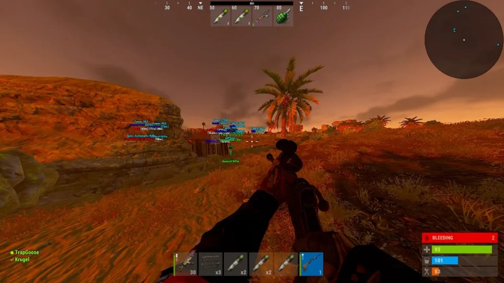Rust gameplay screenshot at sunset with green player ESP labels showing team, distance and held weapons