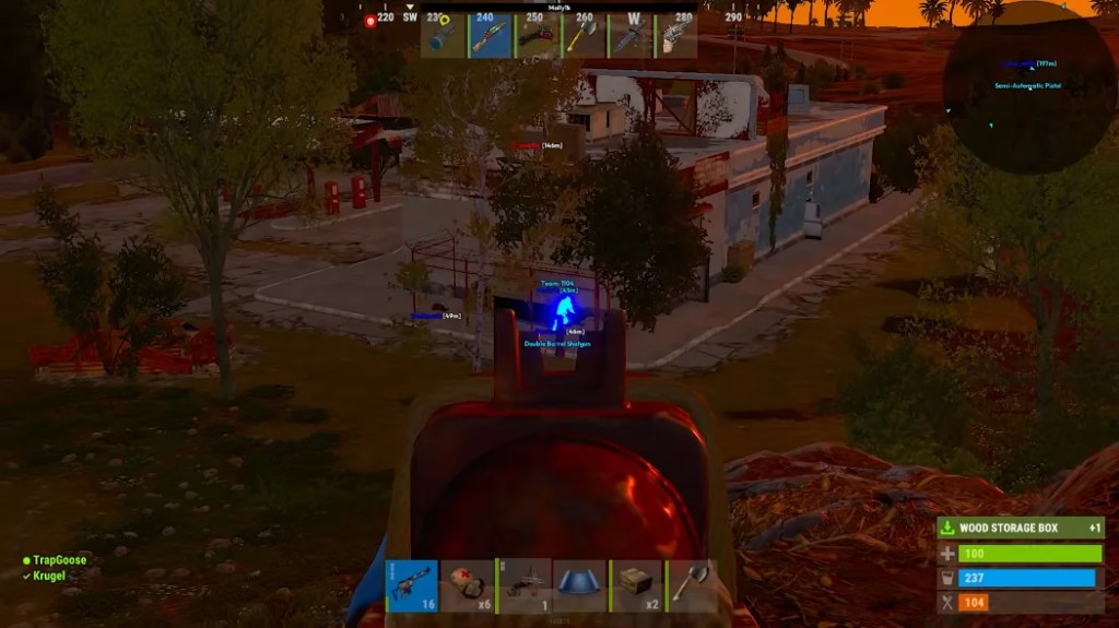 Rust gameplay screenshot with blue player wallhack highlight, distance label and held weapon ESP at dusk